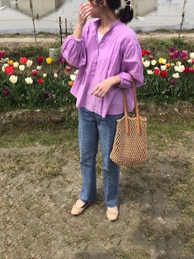 「UNIQLO（ユニクロ）のソフトコットンギャザーブラウス（7分袖）（シャツ/ブラウス）」を使った、a__yaさん（レディース・158cm）の春コーディネート
