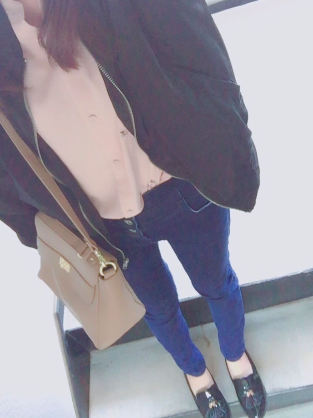 「春コーデ、デニムパンツ、ハイウエスト、オリエンタルトラフィック、ORiental TRaffic(ORiental TRaffic)、エムエーワン、GU」｜「sangoのアイテム（その他アウター、ブラック系）」を使った、na ♡*°さん（レディース・160cm）の春コーディネートの1枚目の写真