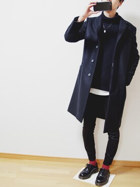 「A.P.C.」｜「アイテム（チェスターコート）」を使った、さとりさん（メンズ・173cm）の冬コーディネート