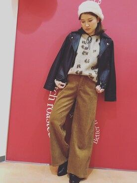 「AS KNOW AS PINKY（アズノゥアズピンキー）のアイテム（ライダースジャケット）」を使った、Shiori Nagahamaさん（レディース・154cm）の冬コーディネート