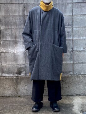「my beautiful landlet（マイビューティフルランドレット）のアイテム（ノーカラーコート）」を使った、O.Yさん（メンズ・165cm）の冬コーディネート