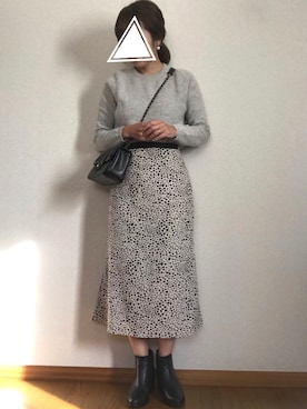 「DHOLIC（ディーホリック）のジラフパターンスカート（スカート、ベージュ系）」を使った、POCHAさん（レディース・157cm）の秋コーディネート