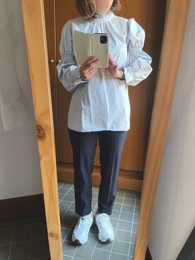 「AS KNOW AS PINKY（アズノゥアズピンキー）の2WAYフリルルブラウス（シャツ/ブラウス、ブルー系）」を使った、POCHAさん（レディース・157cm）の春コーディネート