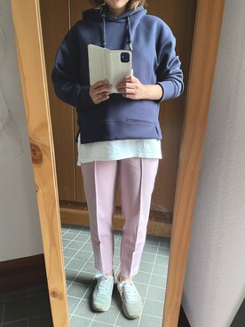 「BAYFLOW（ベイフロー）のアイテム（パーカー、ブルー系）」を使った、POCHAさん（レディース・157cm）の春コーディネート