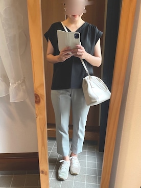 「SLOBE IENA（スローブイエナ）のアイテム（シャツ/ブラウス、ブラック系）」を使った、POCHAさん（レディース・157cm）の夏コーディネート