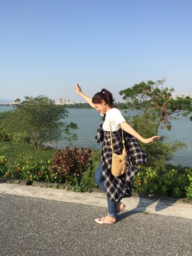 「H&M（エイチ・アンド・エム）のアイテム（Tシャツ/カットソー、ホワイト系）」を使った、keibkさん（レディース・158cm）の秋コーディネート