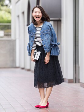 「マリンコーデ」｜「アイテム（デニムジャケット）」を使った、NBB STAFF03さん（レディース・163cm）の夏コーディネート