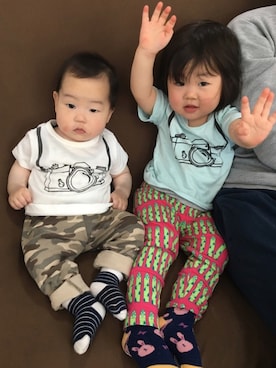 「アイテム（ロンパース、グリーン系）」を使った、あかねくん&たっくんさん（キッズ・80cm）の春コーディネート