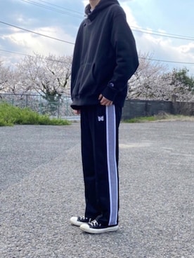 「MoonStar（ムーンスター）の＜MOONSTAR＞LOW BASKET/スニーカー（スニーカー、ブラック系）」を使った、Hollyさん（メンズ・181cm）の春コーディネート