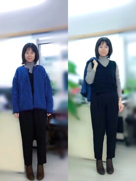 「AZUL（アズール）のアイテム（スラックス）」を使った、niuさん（レディース・159cm）の冬コーディネート