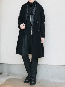 「オーバーコート」｜「アイテム（ライダースジャケット）」を使った、よしおさん（メンズ・175cm）の冬コーディネート