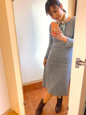 「flowriri（フロウリリ）のflowriri バックオープンリブワンピース（ワンピース、ブルー系）」を使った、ゆみちょりさん（レディース・163cm）の春コーディネート
