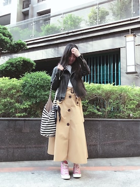 「TAIPEI」｜「アイテム（ライダースジャケット）」を使った、丁叮さん（レディース・158cm）の秋コーディネート
