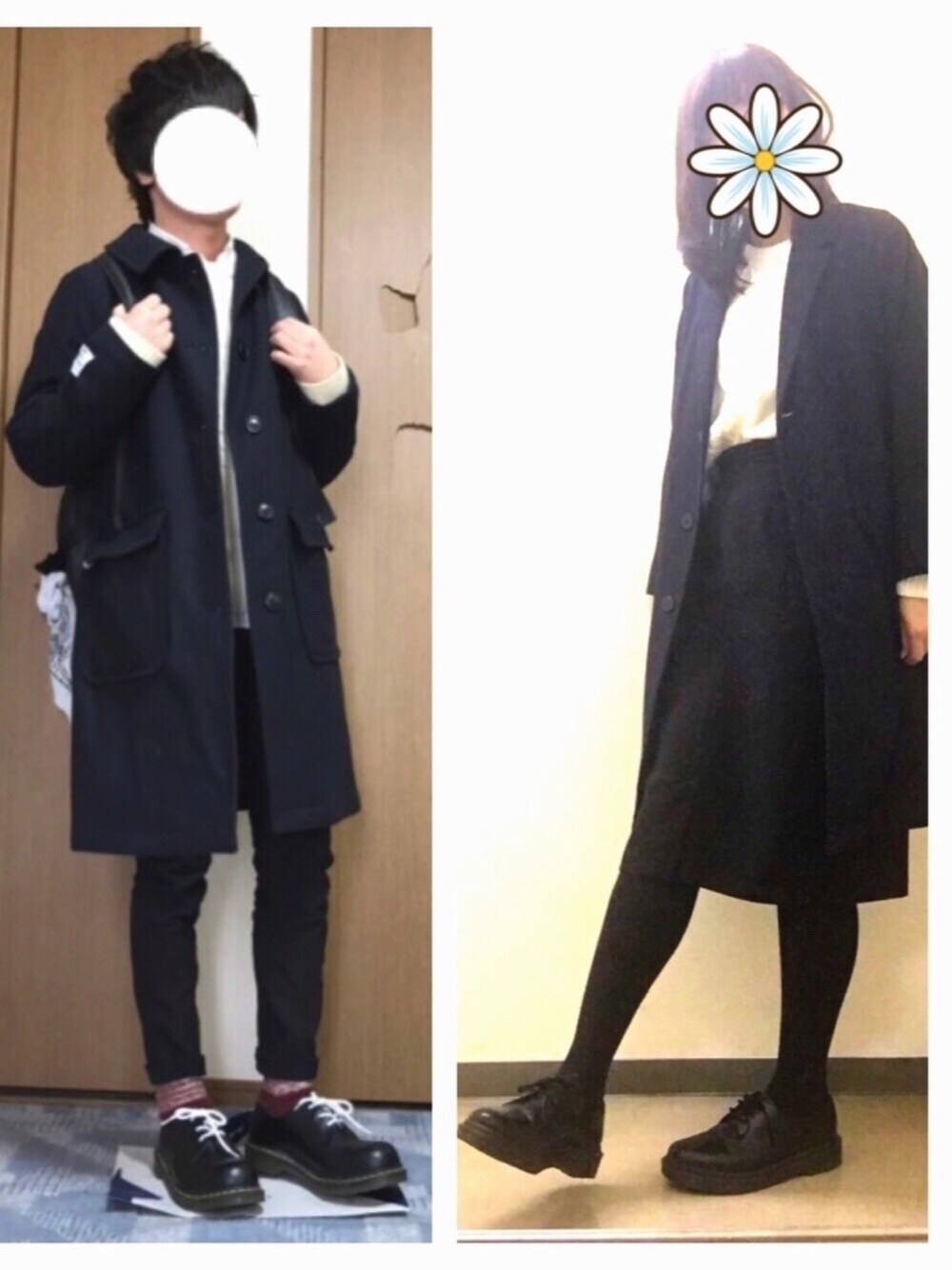 「シンプル、モノトーン、ネイビー、コート、スカート、黒スキニー、Dr.Martens、コラボ、ロールアップ、チェスターコート」｜「Dr. Martensのアイテム（その他シューズ、ブラック系）」を使った、ししょー🎤さん（メンズ・168cm）の春コーディネートの1枚目の写真