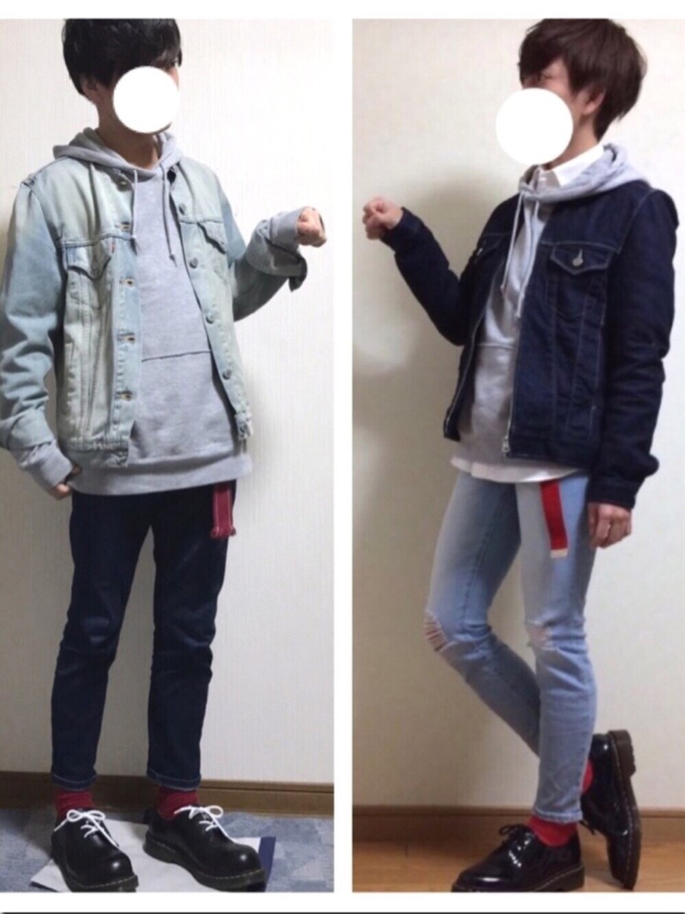 「コラボ、デニム、デニムオンデニム、ノーカラー、スキニーデニム、Dr.Martens、パーカー、STUDIOUS、ガチャベルト、イケメン」｜「Printstarの【TOMS】8.4オンス フーデットライトパーカー（パーカー、グレー系）」を使った、ししょー🎤さん（メンズ・168cm）の春コーディネートの1枚目の写真