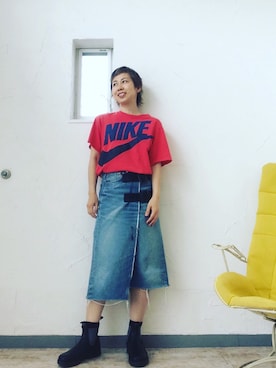 「リメイクデニム」｜「アイテム（スカート）」を使った、miiiiiさん（レディース・157cm）の春コーディネート