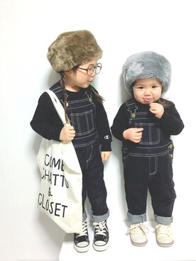 「Champion」｜「アイテム（サロペット/オーバーオール）」を使った、rinka⋆*さん（キッズ・90cm）の冬コーディネート