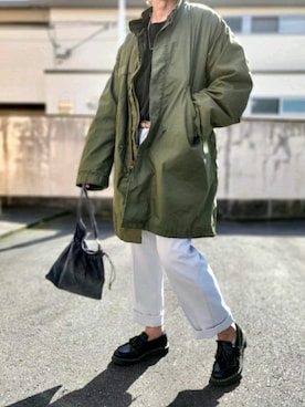 「巾着バッグ」｜「アイテム（モッズコート）」を使った、ARu.さん（メンズ・172cm）の冬コーディネート