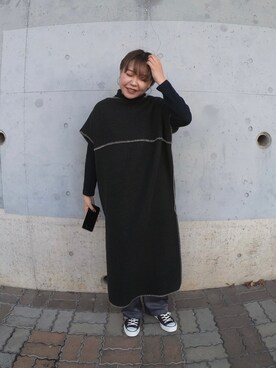 「select MOCA（セレクトモカ）の2020 A/W ブランケットステッチオーバーベスト/ラウンドネックサイドスリットロングベスト（ベスト、ブラック系）」を使った、ミズキさん（レディース・160cm）の冬コーディネート