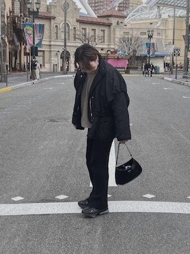 「select MOCA（セレクトモカ）のレイヤードキルティングジャケット/重ね着風オーバーサイズショートダウン（その他アウター、ブラック系）」を使った、ミズキさん（レディース・160cm）の冬コーディネート