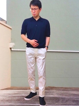 「UNIVERSAL LANGUAGE（ユニバーサルランゲージ）のアイテム（スラックス）」を使った、ひじきさん（メンズ・168cm）の夏コーディネート