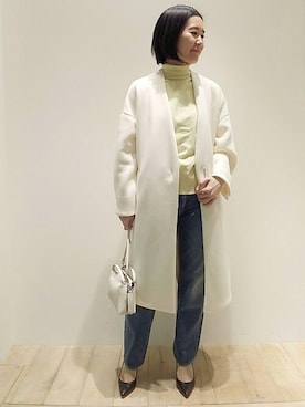 「qualite（カリテ）のダンボールニットコート（ノーカラーコート）」を使った、Chieさん（レディース・164cm）の冬コーディネート