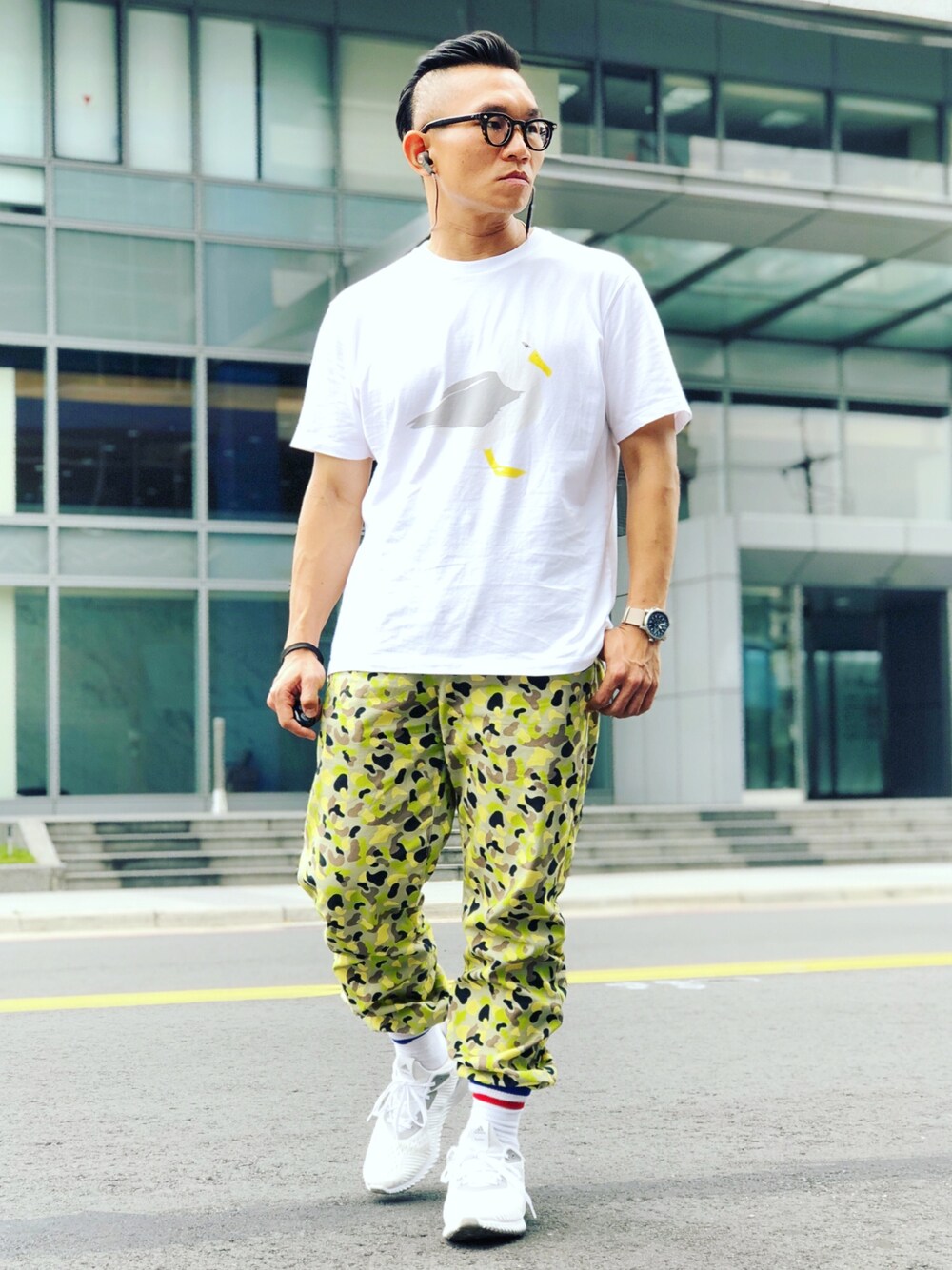 「ootd、streetstyle、streetfashion、menswear、UNIQLO、UNIQLO JW ANDERSON、CHUMS、adidas originals、kolor、adidas」｜「EFFECTORのアイテム（メガネ、ブラック系）」を使った、Colorholic manさん（メンズ・172cm）の夏コーディネートの1枚目の写真