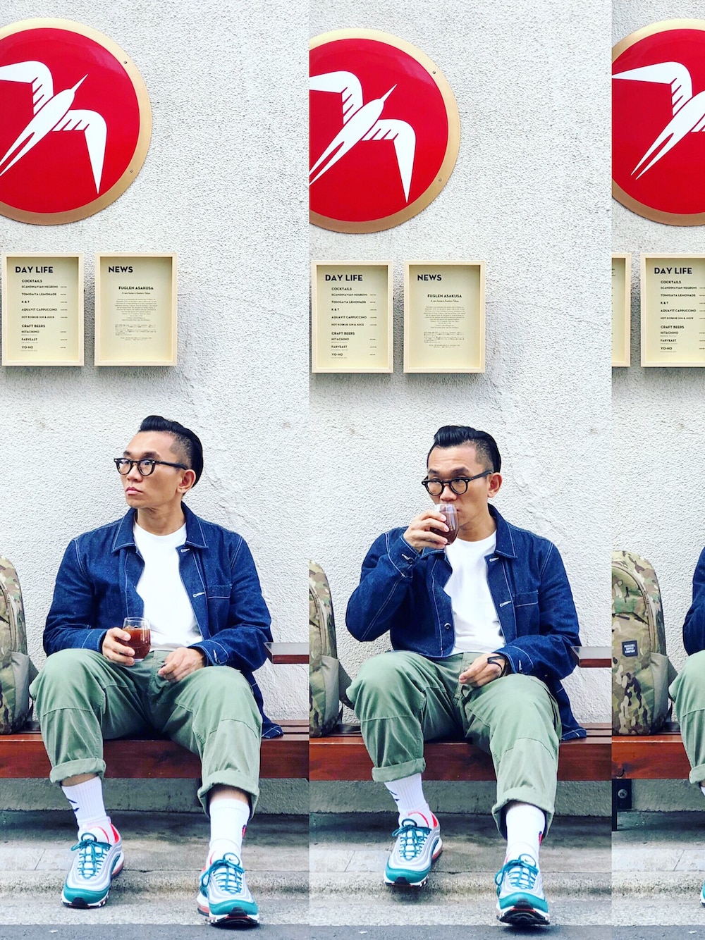 ブルー系のデニムジャケット、ブルー系のデニムジャケット、グリーン系のスニーカーを着用したメンズの春コーディネートの1枚目の写真