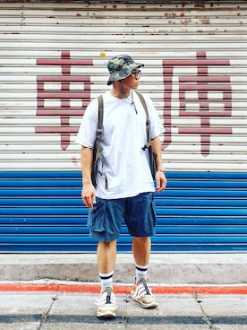 「White Mountaineering」｜「アイテム（ハンチング/ベレー帽）」を使った、Colorholic manさん（メンズ・172cm）の夏コーディネート