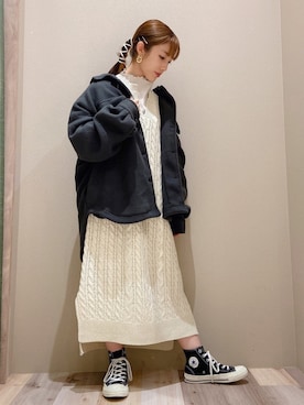 「earth music&ecology（アースミュージックアンドエコロジー）のケーブルヘンリーネックニットワンピース　＊（ワンピース）」を使った、minoriさん（レディース・147cm）の秋コーディネート