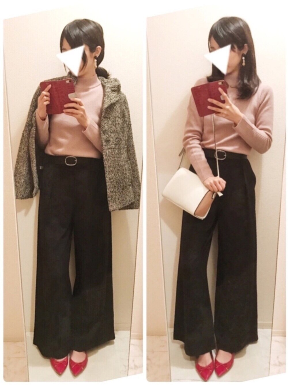 ピンク系のニット/セーター、グレー系のピーコート、ホワイト系のショルダーバッグを着用したレディースの冬コーディネートの1枚目の写真