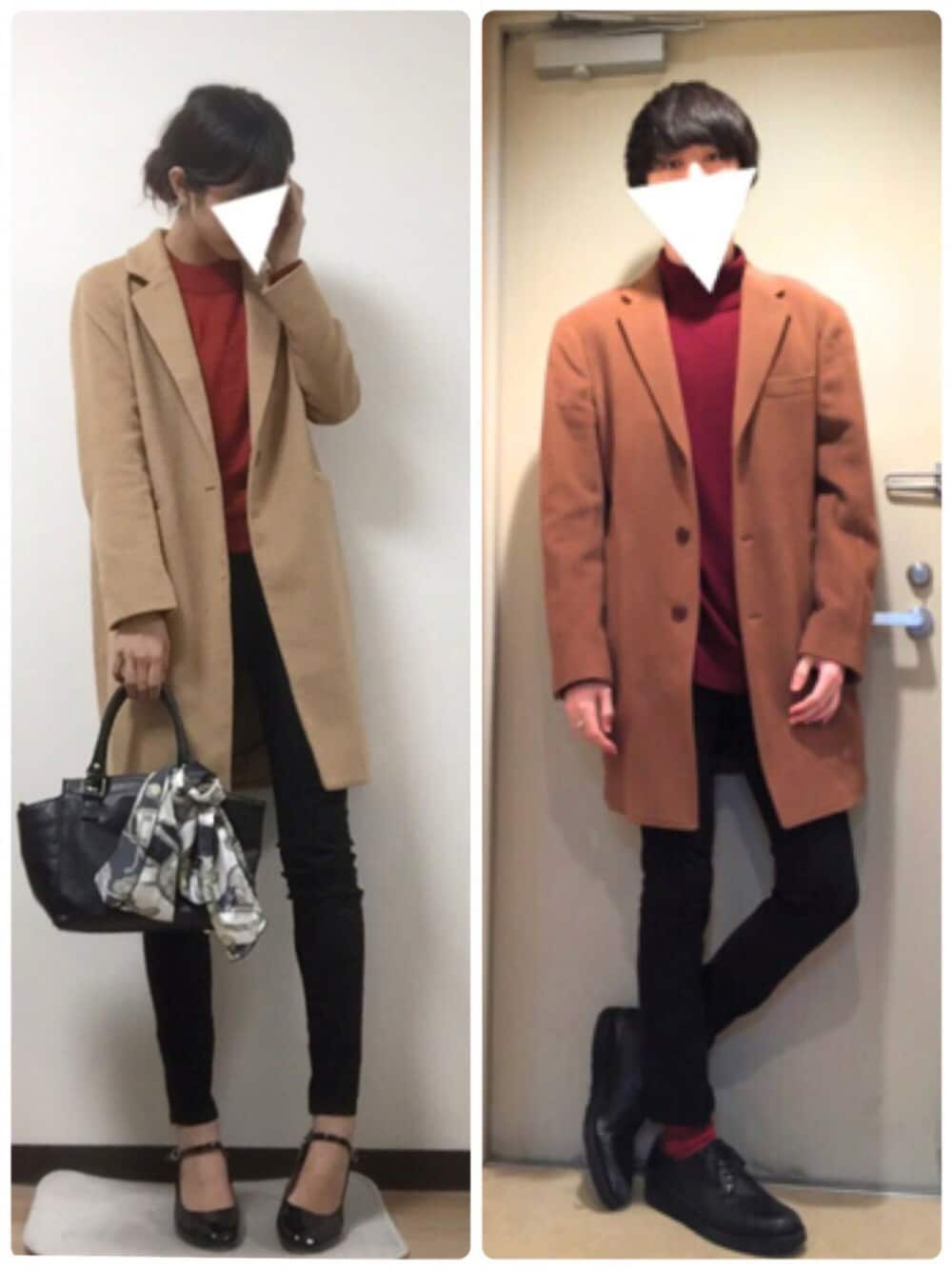 レッド系のニット/セーター、ベージュ系のチェスターコート、ブラック系のハンドバッグを着用したレディースの冬コーディネートの1枚目の写真