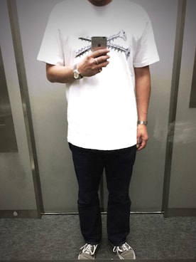 「Supreme （シュプリーム）のアイテム（Tシャツ/カットソー、ホワイト系）」を使った、Su®︎さん（メンズ・178cm）の春コーディネート