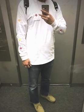 「Supreme （シュプリーム）のアイテム（Tシャツ/カットソー、ホワイト系）」を使った、Su®︎さん（メンズ・178cm）の春コーディネート