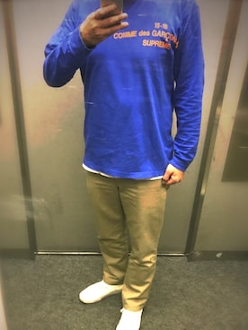 「Supreme （シュプリーム）のアイテム（Tシャツ/カットソー、ブルー系）」を使った、Su®︎さん（メンズ・178cm）の夏コーディネート