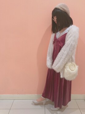 「ファーアウター」｜「アイテム（ハンチング/ベレー帽）」を使った、Riiさん（レディース・155cm）の秋コーディネート