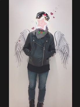 「JK」｜「アイテム（ライダースジャケット）」を使った、RULUGAさん（レディース・150cm）の冬コーディネート