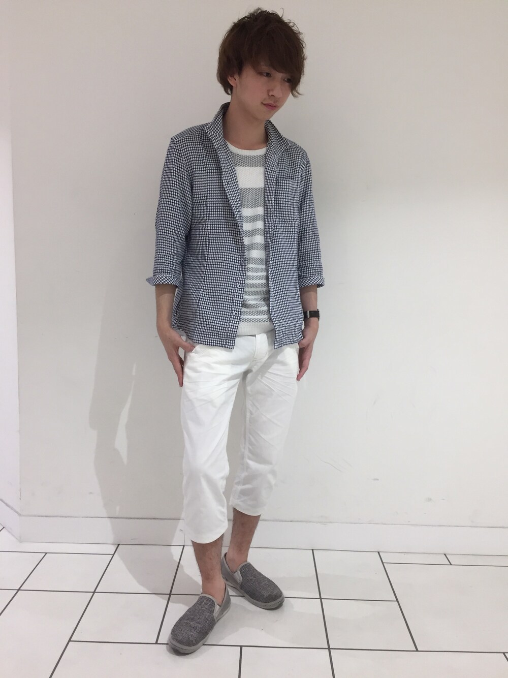 「イケメン、イケメン注意報、さわやか、夏、休日スタイル、ニコルクラブフォーメン、ニコル」｜「NICOLE CLUB FOR MENの7分袖イタリアンカラーシャツ（シャツ/ブラウス、ブルー系）」を使った、ニコルクラブフォーメン 熊本パルコ店さん（メンズ・170cm）の夏コーディネートの1枚目の写真