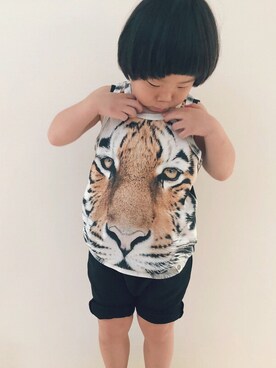 「popupshopのアイテム（タンクトップ、ベージュ系）」を使った、ka___iさん（キッズ・110cm）の夏コーディネート