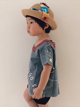 「BOBO CHOSES（ボボショーズ）のアイテム（トップス、ブルー系）」を使った、ka___iさん（キッズ・110cm）の夏コーディネート