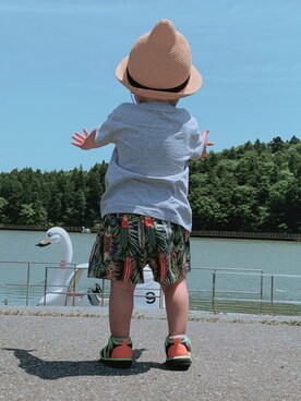 「maarook（マルーク）のアイテム（帽子）」を使った、ぎんのすけとすずのすけさん（キッズ・90cm）の夏コーディネート