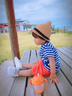 「maarook（マルーク）のアイテム（帽子）」を使った、ぎんのすけとすずのすけさん（キッズ・90cm）の夏コーディネート