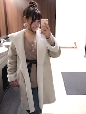 「サッシュベルト」｜「アイテム（ムートンコート）」を使った、あずあずさん（レディース・157cm）の冬コーディネート