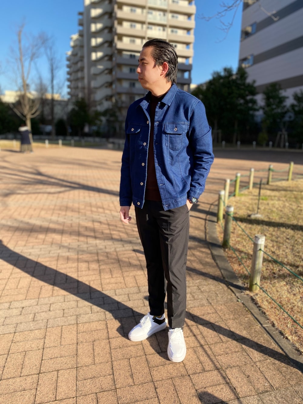 「キレイめ、大人カジュアル、デニムジャケット、セットアップパンツ、ダメリーノ、ナノユニバース、ナノユニバース(nano･universe)、ららぽーと横浜、ootd、きれいめカジュアル」｜「NANO universeのカットデニムGジャン（デニムジャケット、ブルー系）」を使った、nano・universe ららぽーと横浜 Mensさん（メンズ・178cm）の冬コーディネートの1枚目の写真