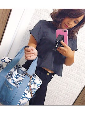 「H&M（エイチ・アンド・エム）のアイテム（Tシャツ/カットソー、ブラック系）」を使った、manamiさん（レディース・150cm）の夏コーディネート