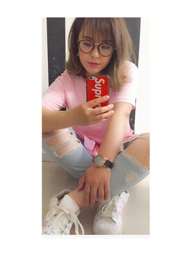 「H&M（エイチ・アンド・エム）のアイテム（Tシャツ/カットソー、ピンク系）」を使った、manamiさん（レディース・150cm）の夏コーディネート