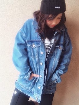 「Bershka（ベルシュカ）のアイテム（デニムジャケット、ブルー系）」を使った、manamiさん（レディース・150cm）の冬コーディネート