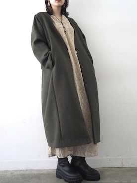 「Lumier（リュミエ）のアイテム（ノーカラーコート）」を使った、memeさん（レディース・159cm）の冬コーディネート
