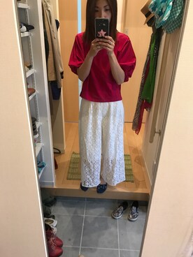 「w closet（ダブルクローゼット）のアイテム（その他パンツ、ホワイト系）」を使った、しんうんさん（レディース・162cm）の夏コーディネート