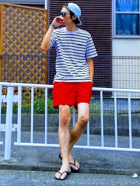 「アイテム（その他パンツ、レッド系）」を使った、Ｔｋ．さん（メンズ・178cm）の夏コーディネート